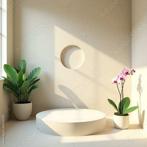 Minimalist product display with plants and sunlight