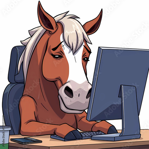 Exhausted Horse Office Worker – Vector Illustration of Burnout at the Computer