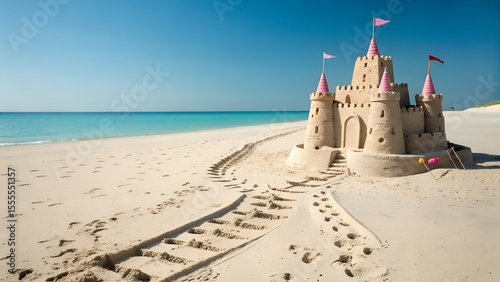 A beautiful sandcastle stands on a bright white sand beach by the clear turquoise ocean under a sunny blue sky, a perfect summer scene.
