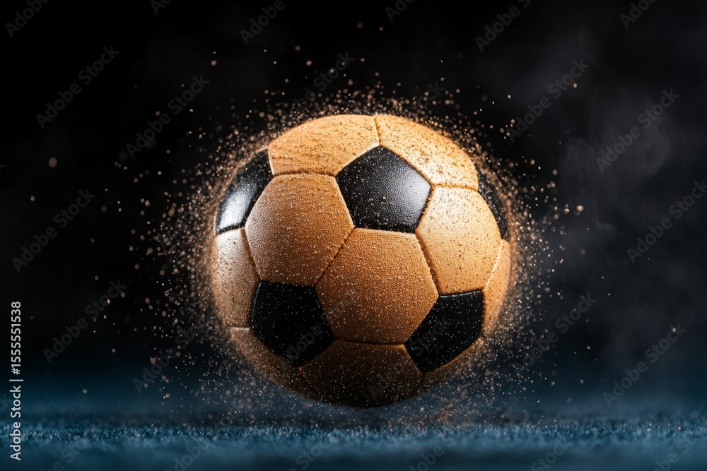 Naklejka premium Dynamic Soccer Ball in Motion with Dust and Particles Effect