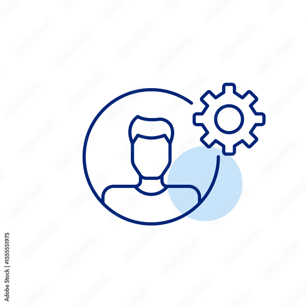 Obraz premium Male user avatar and cogwheel. Account settings, admin or user control. Customization, hr or user management software. Pixel perfect, editable stroke vector icon