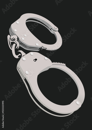 026-19-Metal handcuffs lying on a dark background represent law enforcement, arrest, and criminal justice. Hand drawn illustration