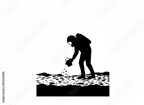 Silhouette of a scientist collecting soil samples from an alien landscape on white background