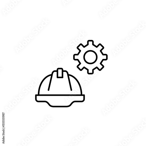 Construction hard hat and cogwheel. Technical operations, system supervision, safety configuration, engineering control, maintenance management. Pixel perfect, editable stroke vector icon