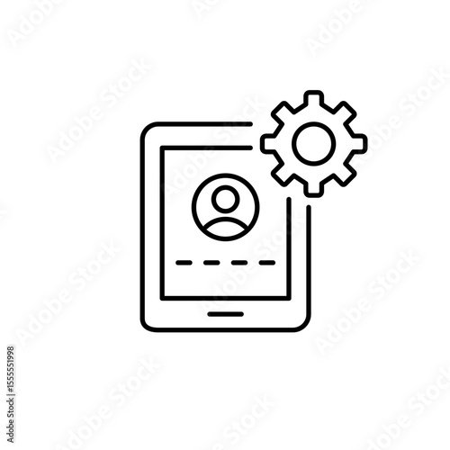 User account login with password input, tablet and cogwheel. Interactive settings, user interface customization, on-demand configuration, clickable system controls, real-time preferences adjustment. P