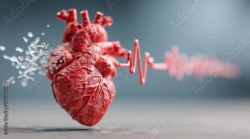 Realistic human heart anatomy model with red liquid splash in artistic medical style, Realistic human heart anatomy model with red liquid splash in artistic medical style