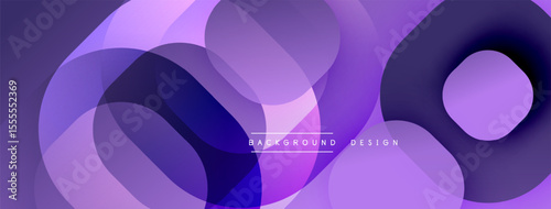 Abstract purple layers create dynamic composition. Overlapping circles, smooth gradients, modern design elements present. Minimalist aesthetic.