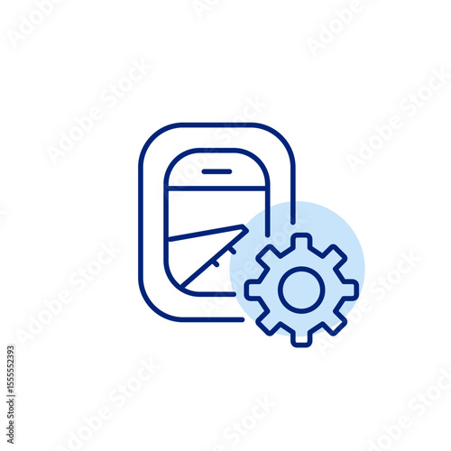 Airplane window and cogwheel. Maintenance, flight operations setup, aircraft system tuning, aviation technology settings, mechanical flight control. Pixel perfect, editable stroke vector icon