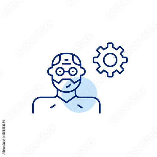 Middle aged man and cogwheel. User settings, profile customization, user preferences, account management, system configuration. Pixel perfect, editable stroke vector icon