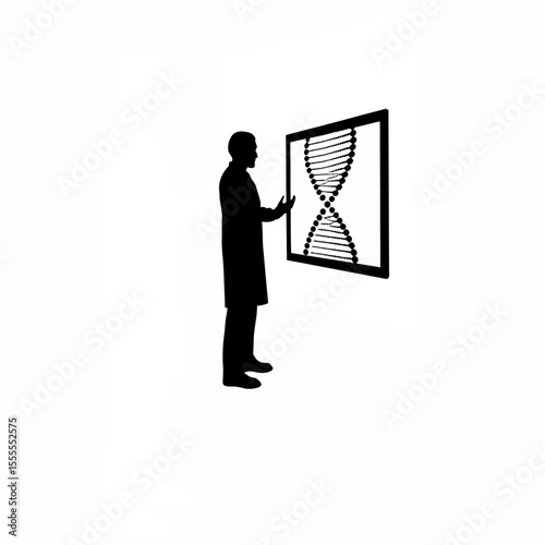 Silhouette of a scientist examining a holographic display of a DNA strand on white background