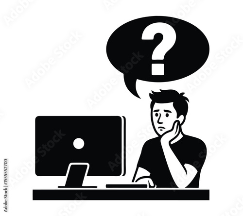 Man Searching for Answers Online, Vector Graphic of Doubt, Questions, and Customer Support On White Background

