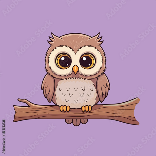 A cute cartoon owl with large eyes sits on a branch.