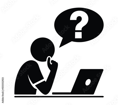 Person Thinking at Desk with Question Mark Bubble, Monochrome Icon for Business Challenges and Solutions On White Background
