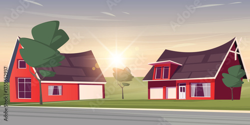 cottage environment with housing  fields and roads