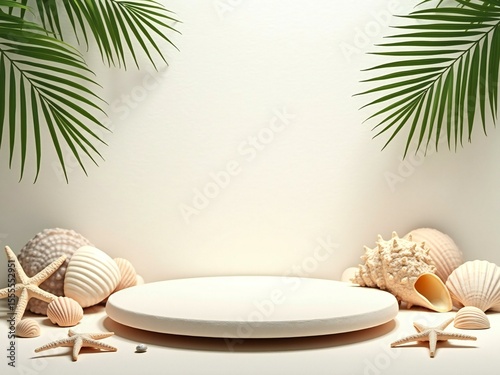 Beach themed product display with shells and palm leaves