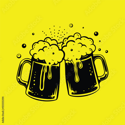 Two black beer mugs with yellow foamy tops and dripping liquid, clinking together on a bright yellow background.
