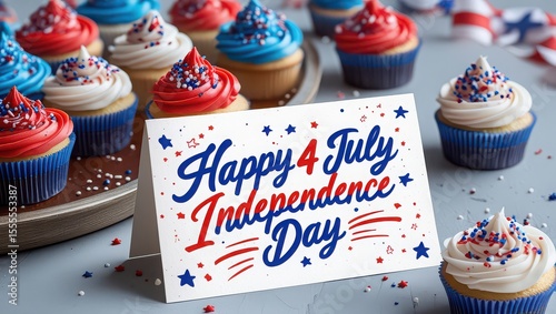 Patriotic cupcakes with red white and blue frosting for independence day celebration on gray surface