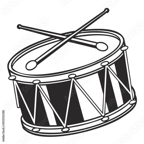 A black and white illustration of a drum with drumsticks resting on the drum surface top side on transparent background