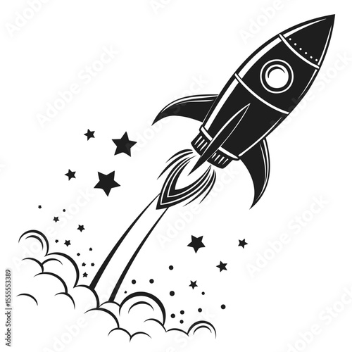 A retro style rocket ship launching into space with stars and smoke in a black and white design on transparent background