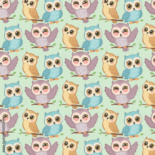 A repeating pattern of cute cartoon owls in various colors perched on branches.
