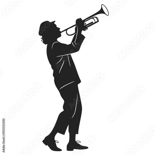 Silhouette of a man in a suit and cap playing a trumpet with his head tilted back slightly on transparent background