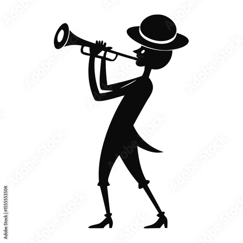 Silhouette of a man in a suit and hat playing a trumpet in a stylized illustration on transparent background