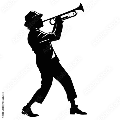 Silhouette of a man wearing a hat and suit playing a trumpet with a white background image on transparent background