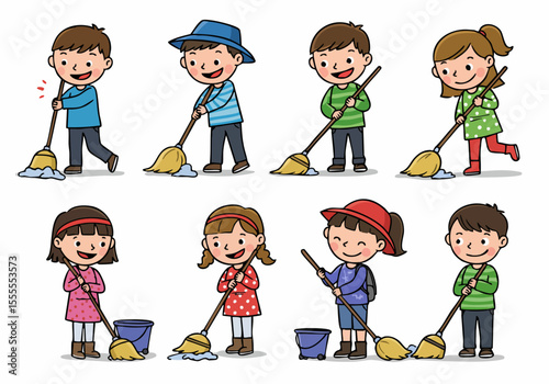 Set of happy cartoon kids cleaning the floor with mops and buckets, helping with household chores illustration.