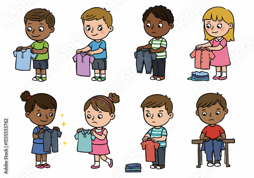 Collection of cartoon children sorting and folding clothes, illustrating household chores and independence.