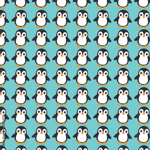 A repeating pattern of cute cartoon penguins on a light teal background.