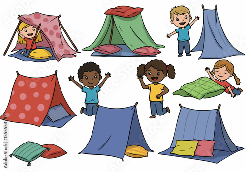 Happy diverse children playing in and around indoor blanket forts and tents, enjoying imaginative fun at home.
