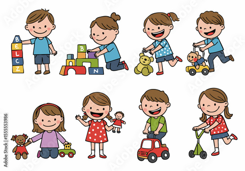 Collection of happy cartoon children playing with various toys, including blocks, cars, dolls, and scooters.