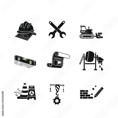 Nine black glyph icons representing construction tools and safety.