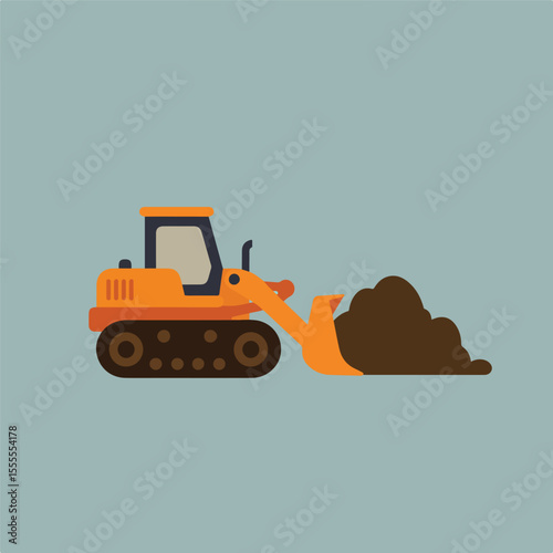 A simple illustration of an orange bulldozer moving brown earth.