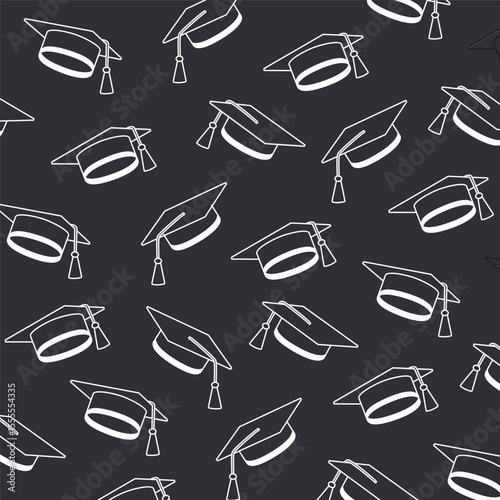 Graduation background, vector seamless pattern with flying graduate cap with tassel and on black background.	
