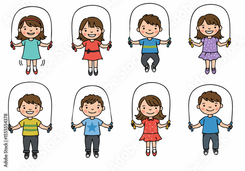 Set of Happy Cartoon Children Jumping Rope, Playful Kids Exercising Outdoors