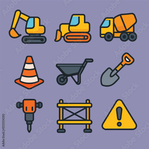 Nine colorful construction icons are arranged in a grid on a purple background.