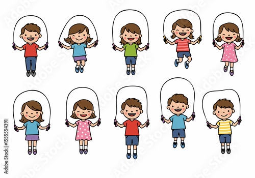 Cartoon illustration of happy children, boys and girls, smiling and actively jumping rope on a white background, depicting childhood fun and exercise.