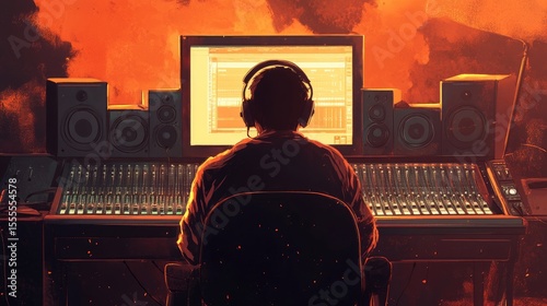 Man Working in a Music Studio with Red Background