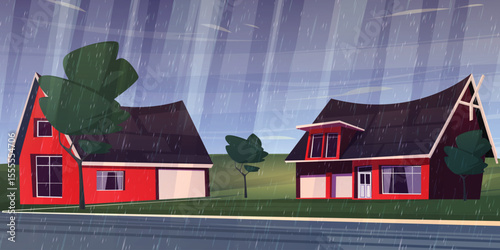 storm landscape on road trees and house buildings