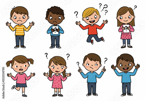 Cartoon illustration of diverse children showing various emotions and asking questions, representing feelings, confusion, and inquiry.