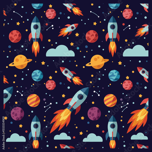 A repeating pattern of rockets soaring through space amongst planets and stars.