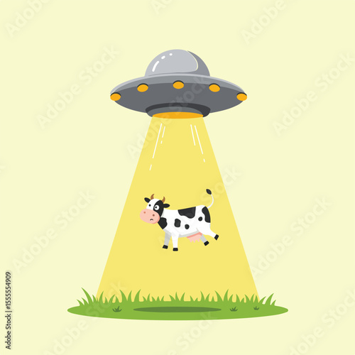 A UFO shines a light on a startled cow in a field.