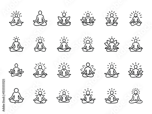 Vector Set of Meditation and Mindfulness Icons in Lotus Pose Representing Spiritual Enlightenment, Inner Peace, and Mental Wellness in Line Art Style