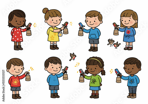 Cute cartoon illustration of diverse children feeding birds, showing kindness and interaction with nature.