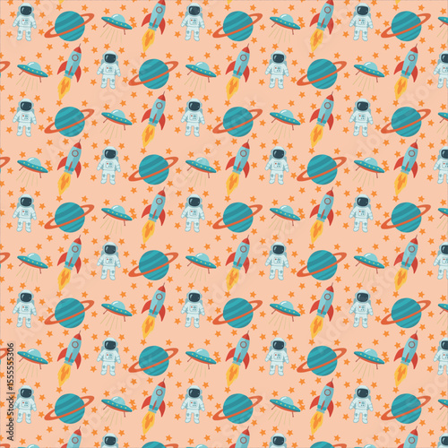 A repeating pattern of cute space-themed illustrations including astronauts, planets, rockets, and UFOs.