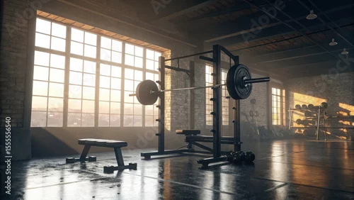 Panel kuchenny z motywem Industrial gym interior with weightlifting equipment and large windows at sunrise fitness workout