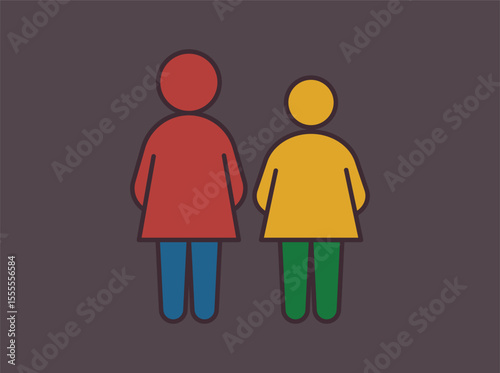 Minimal flat-style illustrations of human figures, including adults and children. Stylized icons with bold colors and simple shapes on a dark background, perfect for use in 00555