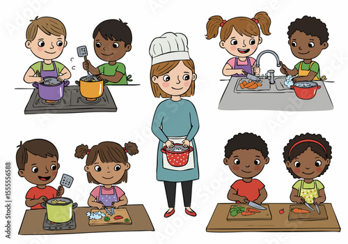 Diverse group of happy children learning to cook and prepare food in a kitchen setting with a teacher or chef figure.