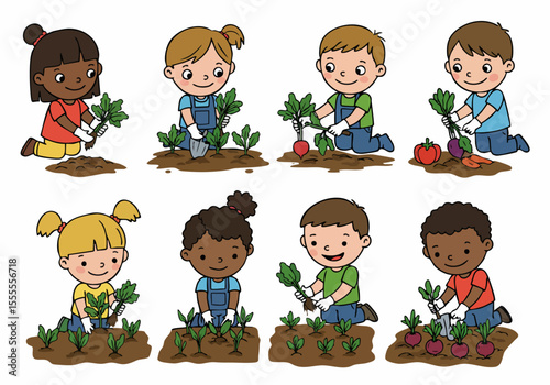 Happy diverse children planting and harvesting vegetables in a garden, learning about nature and healthy food in a fun outdoor activity.